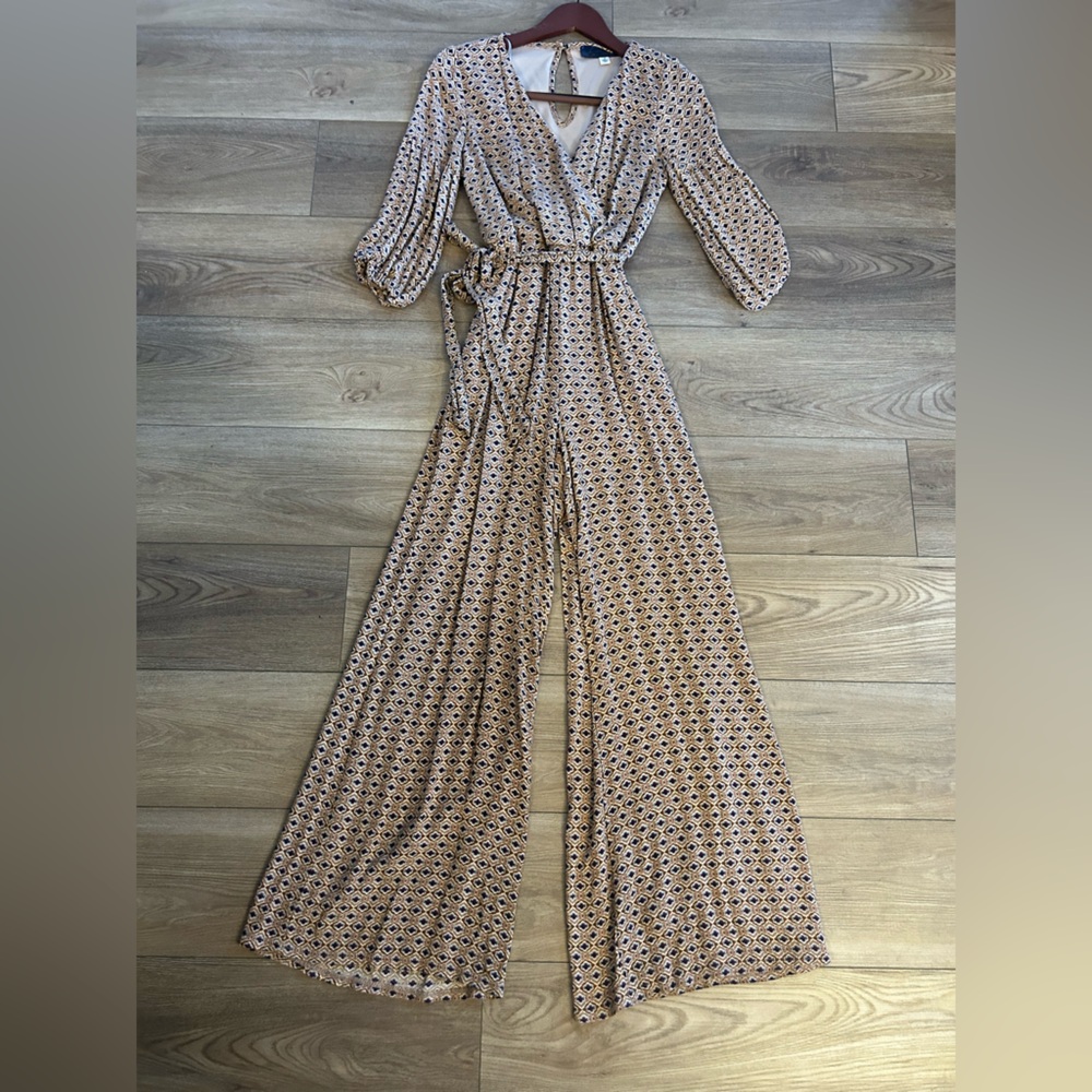 Blue Rain Boho Wide Leg Jumpsuit Small V Neck Tie Waist Made USA